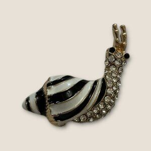 Gold-Tone Rhinestone & Enamel Snail Brooch Pin Black/White Stripes Vintage Style